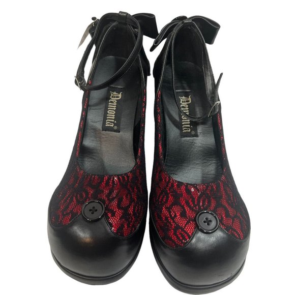 Demonia Goblin 2 Goth Black Red Platform Mary Janes Lace Button 11 Dolls Kill - Picture 3 of 8